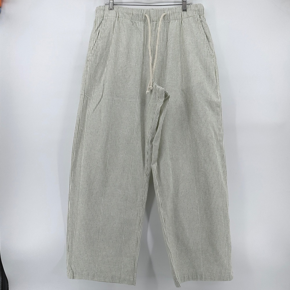 Zara Baggy Fit Striped Cotton Pants Green White Mid Waist 6917/305/104 L